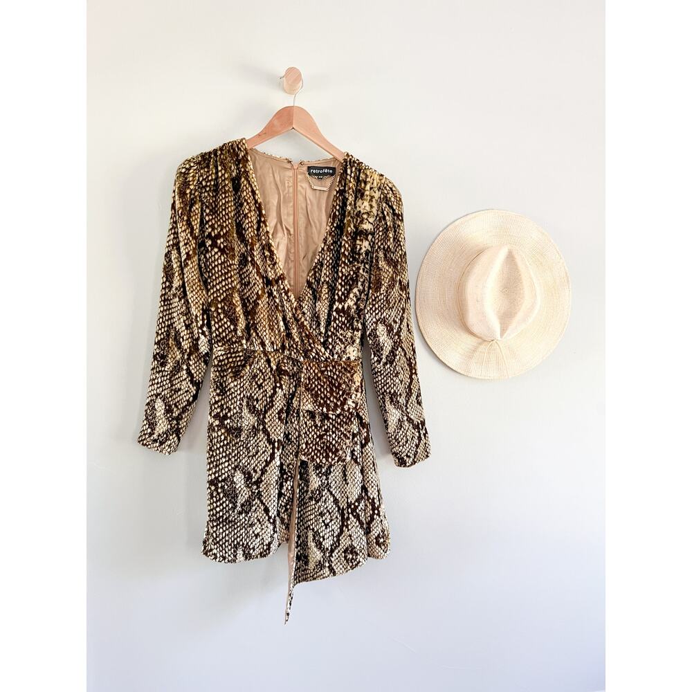 Retrofete | Eleanor Velvet Snake-Print Cocktail Dress | Gold Snake | Sz XS - Picture 2 of 11